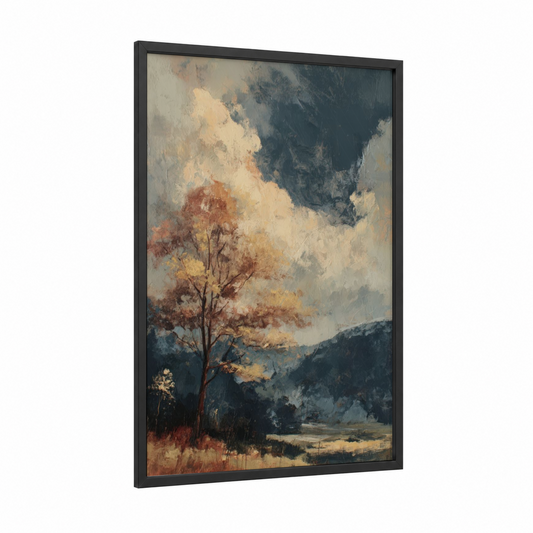 Autumn Dogwood framed art print — black wood frame — gold and dark blue palette