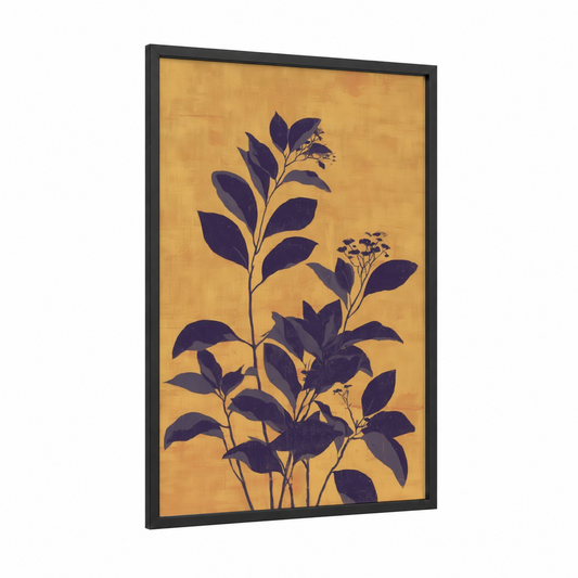 Golden Violets framed art print — black wood frame — gold and black palette