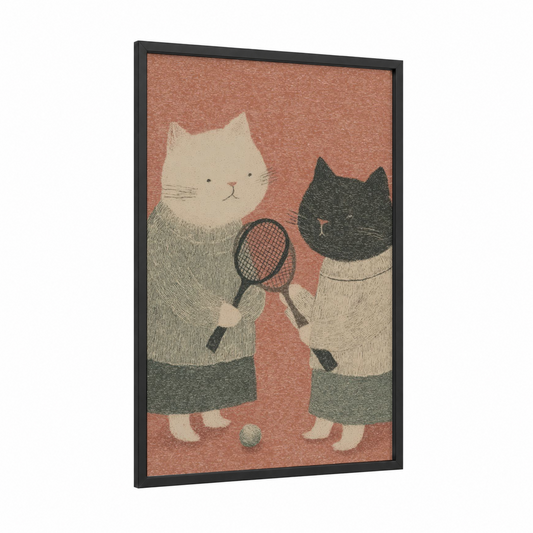 Tennis Cats framed art print — black wood frame — russet and cream palette