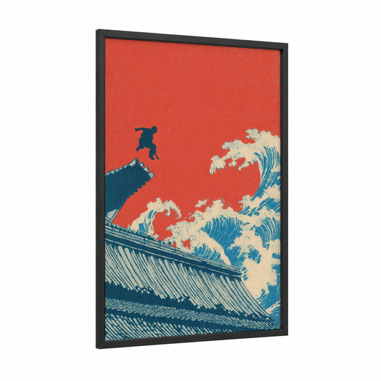 Wave Parkour framed art print — black wood frame — red and dark blue palette