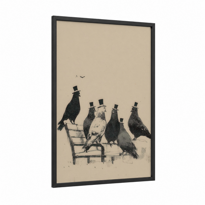 Formal Fowl Gathering framed retro fashion print — black wood frame — black and white and beige palette