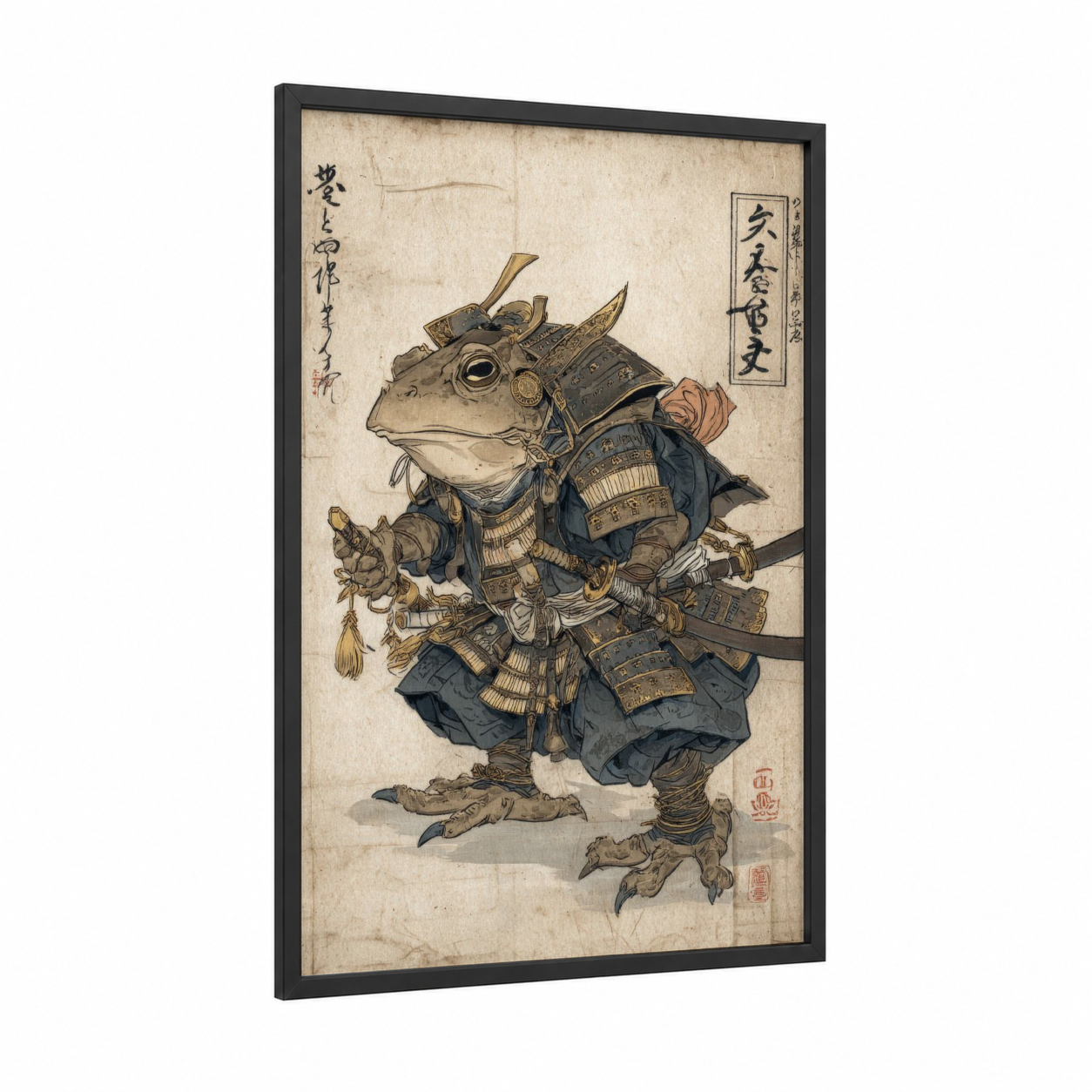 Armored Frog Samurai framed frogs and toads print — black wood frame — brown and gold palette