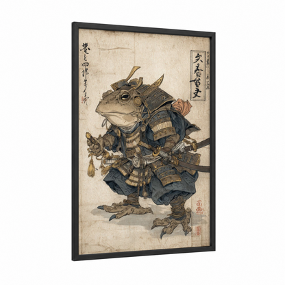 Armored Frog Samurai framed frogs and toads print — black wood frame — brown and gold palette