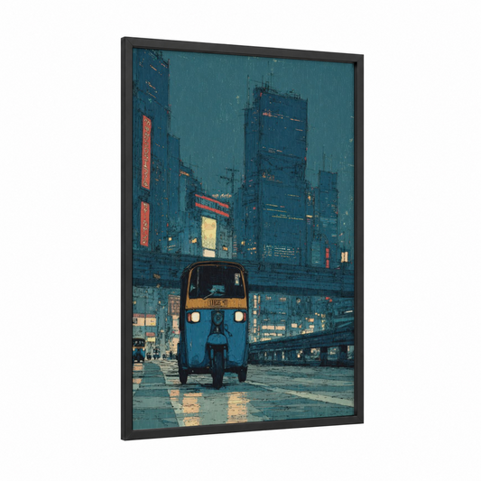 Neon Rickshaw framed art print — black wood frame — teal and gold palette