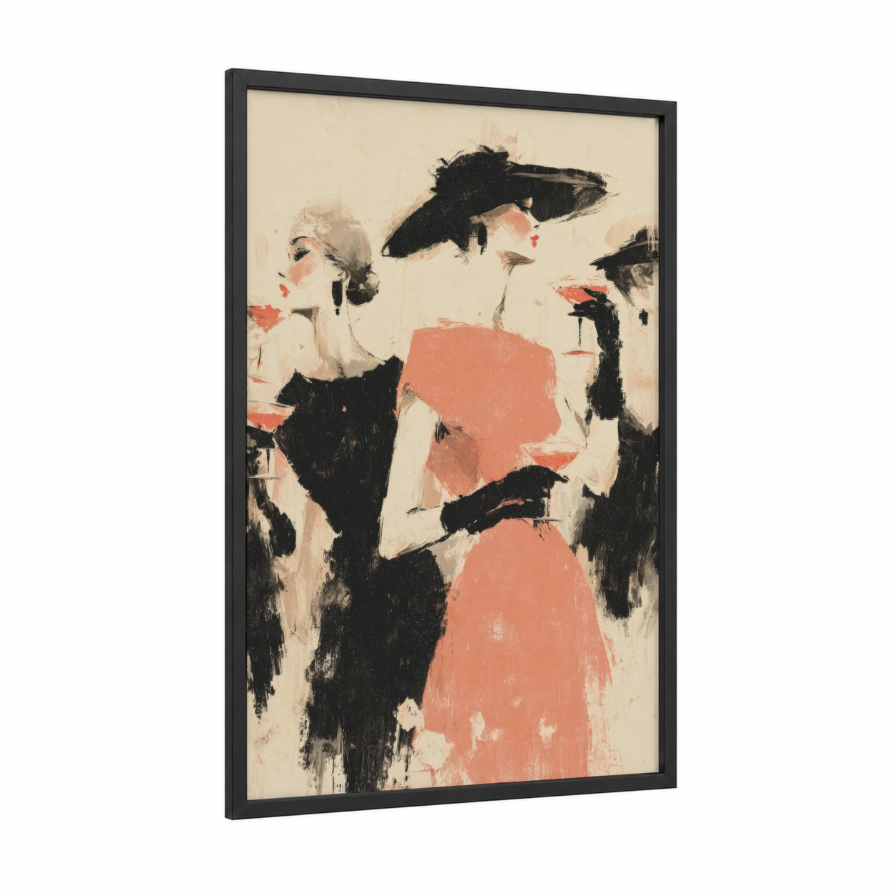 Rose Wine Elegance framed art print — black wood frame — salmon pink and black palette