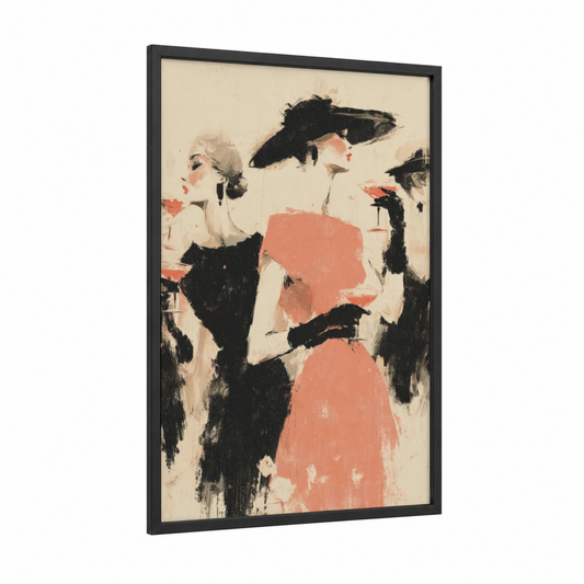 Rose Wine Elegance framed art print — black wood frame — salmon pink and black palette