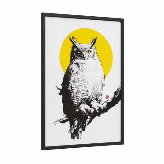 Golden Owl Moon framed art print — black wood frame — yellow gold and black and white palette