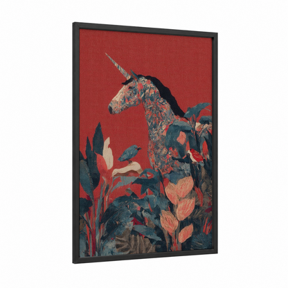 Crimson Unicorn framed unicorns print — black wood frame — red and teal palette