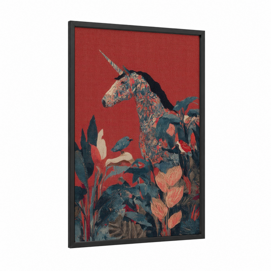 Crimson Unicorn framed unicorns print — black wood frame — red and teal palette