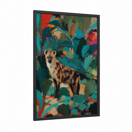 Vibrant Hyena Portrait framed art print — black wood frame — teal and orange palette