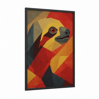 Crimson Sloth framed art print — black wood frame — red and yellow gold palette