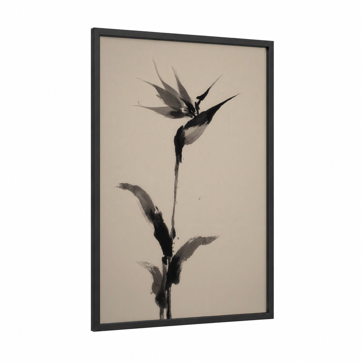 Monochrome Paradise framed birds of paradise print — black wood frame — black and white and gray palette