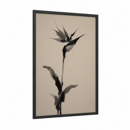 Monochrome Paradise framed birds of paradise print — black wood frame — black and white and gray palette