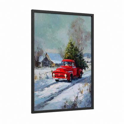 Vintage Red Truck framed classic car print — black wood frame — red and blue and white palette