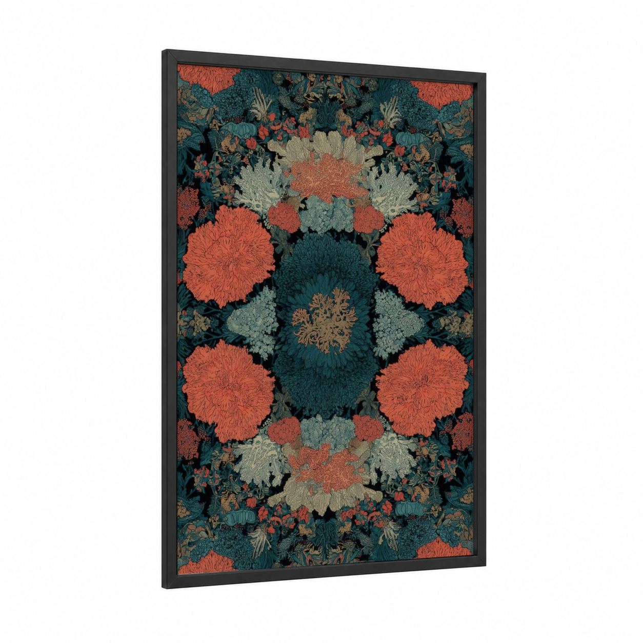 Coral Kaleidoscope framed art print — black wood frame — russet and teal palette