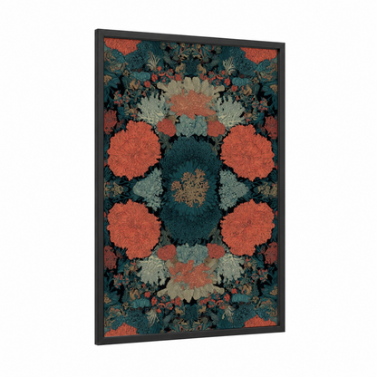 Coral Kaleidoscope framed art print — black wood frame — russet and teal palette