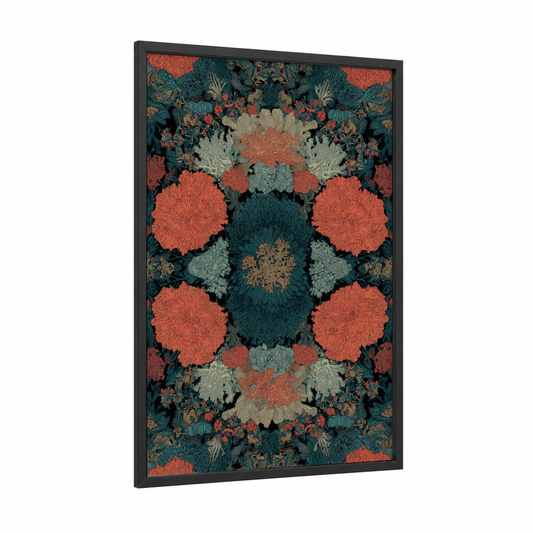 Coral Kaleidoscope framed art print — black wood frame — russet and teal palette