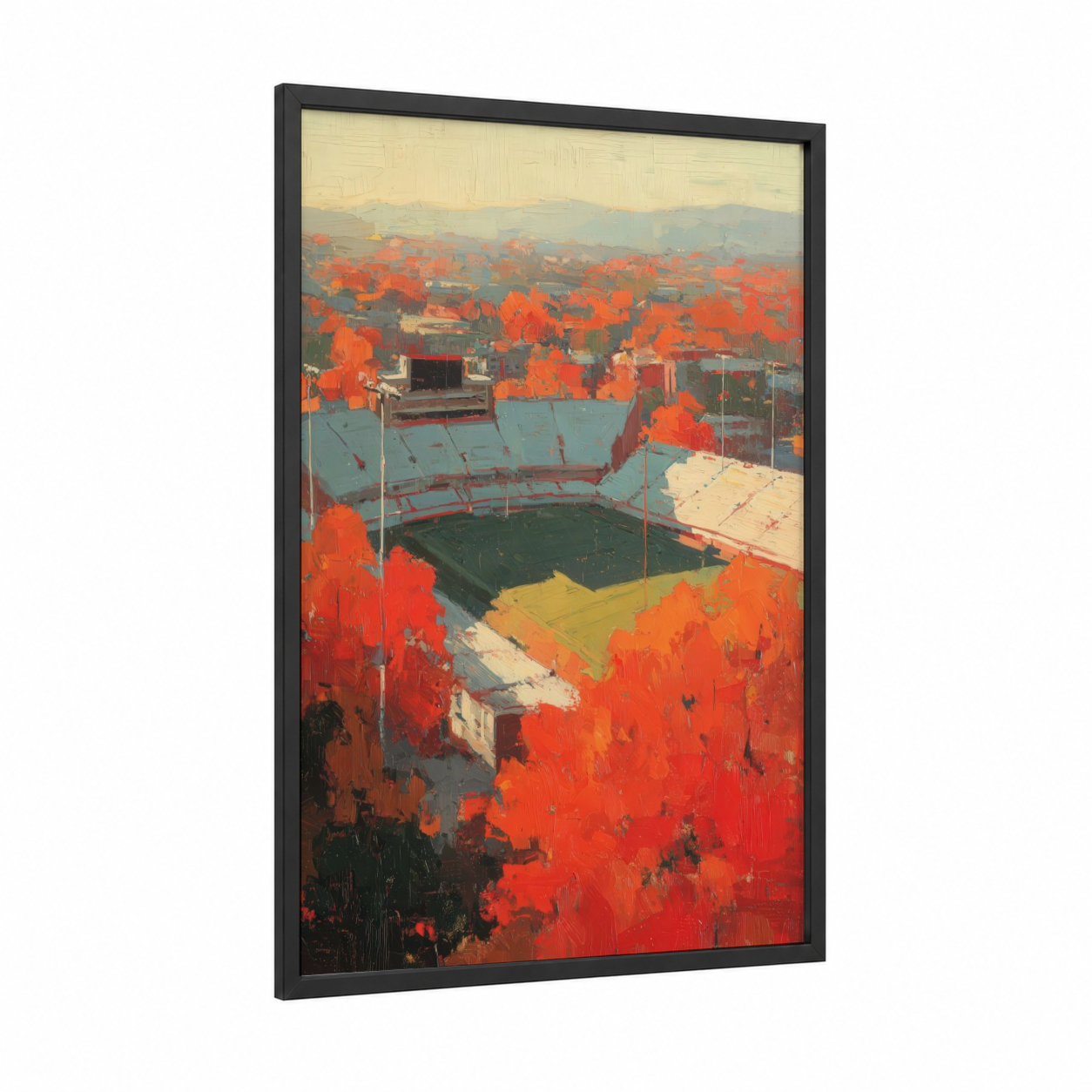 Autumn Stadium framed stadiums and fields print — black wood frame — red and gold palette