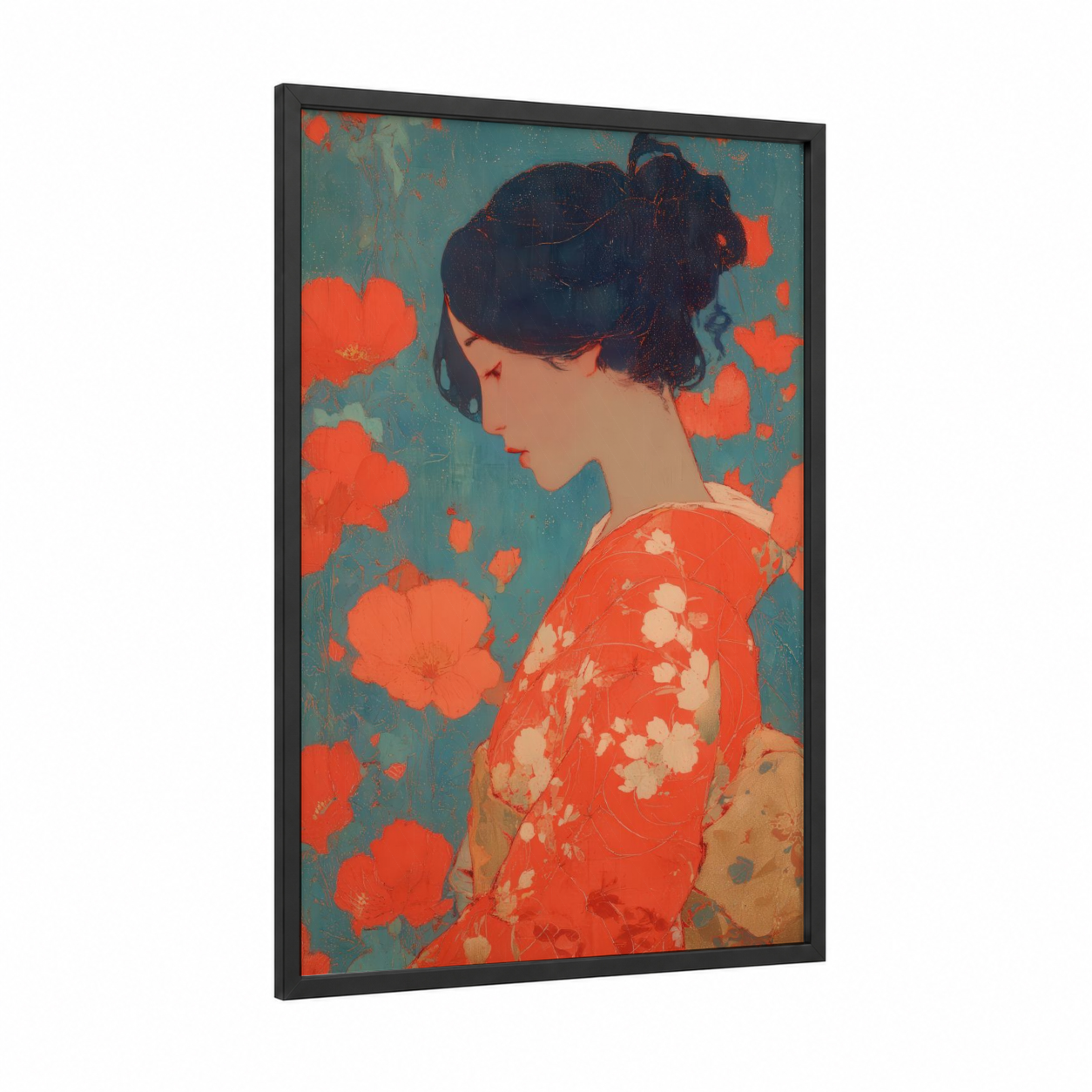 Crimson Blossom Profile framed retro fashion print — black wood frame — teal and red palette