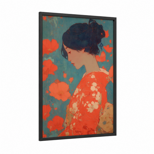Crimson Blossom Profile framed retro fashion print — black wood frame — teal and red palette