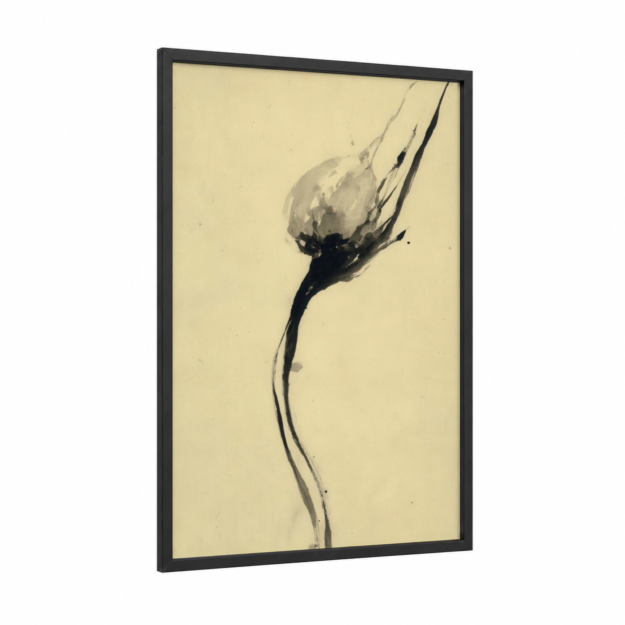 Delicate Garlic Bud framed vegetable print — black wood frame — cream and black and white palette