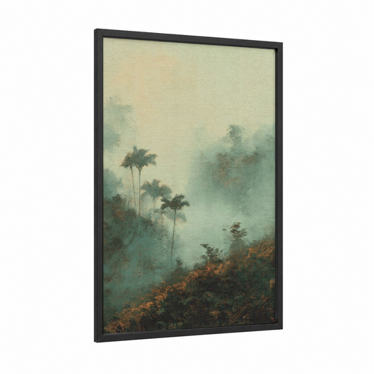 Misty Palm Forest framed art print — black wood frame — light green and cream palette