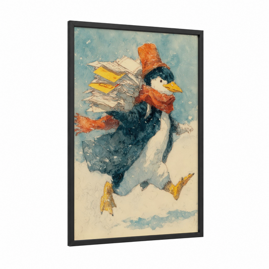 Festive Penguin Postman framed art print — black wood frame — blue and white and orange palette