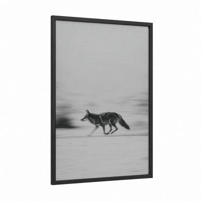 Snowy Coyote framed art print — black wood frame — black and white and gray palette