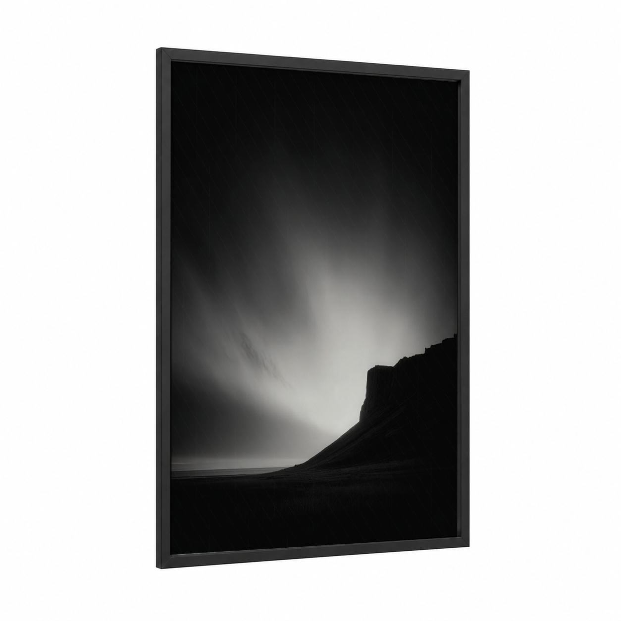 Dramatic Aurora Landscape framed northern lights print — black wood frame — black and white and gray palette