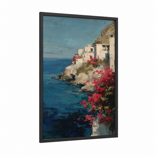 Crimson Coastal Village framed island print — black wood frame — blue and magenta palette