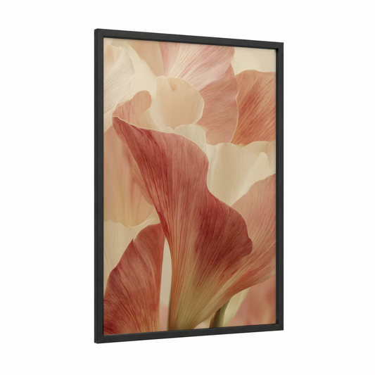 Blush Lily Petals framed art print — black wood frame — salmon pink and cream palette