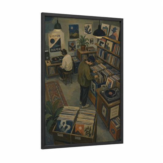 Vintage Record Store Scene Wall Art framed vinyl records print — black wood frame — olive and cream palette