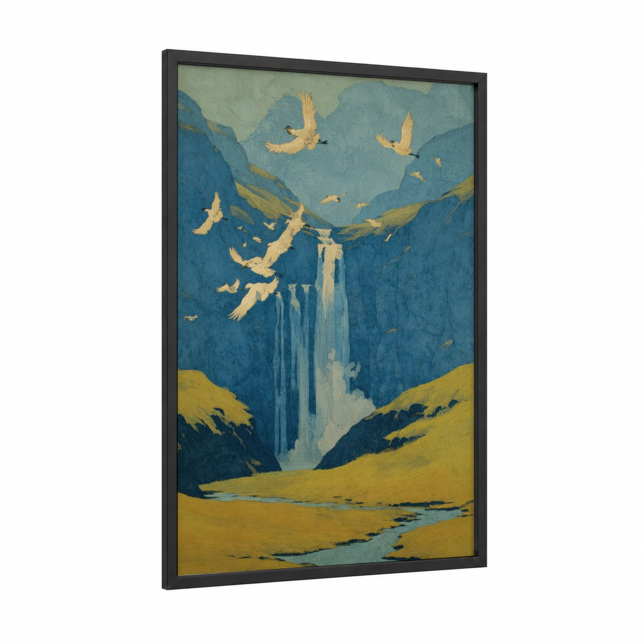 Mountain Waterfall Vista framed art print — black wood frame — blue and gold palette