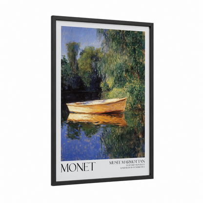 Moored Rowboat framed art print — black wood frame — blue and green palette