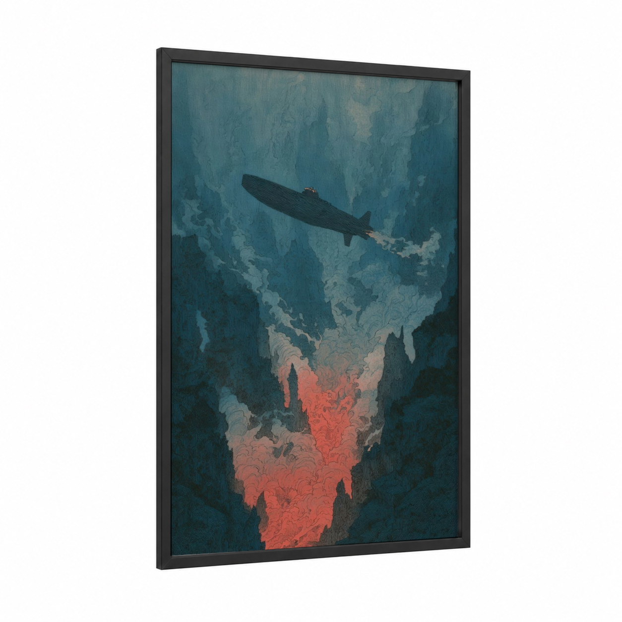 Deep Descent Submarine framed art print — black wood frame — dark blue and salmon pink palette