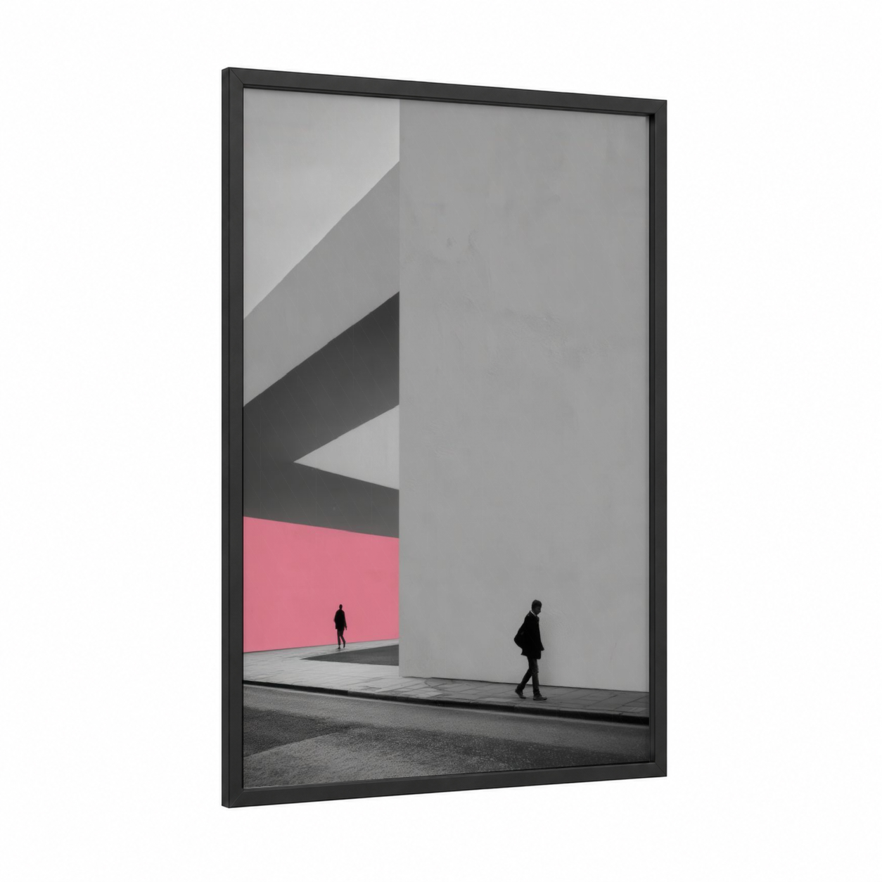 Urban Geometry Pink framed abstract architecture print — black wood frame — gray and pink palette