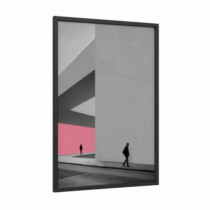 Urban Geometry Pink framed abstract architecture print — black wood frame — gray and pink palette
