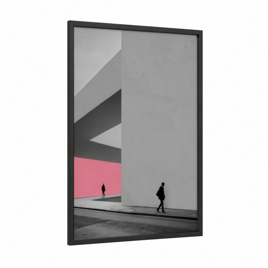 Urban Geometry Pink framed abstract architecture print — black wood frame — gray and pink palette