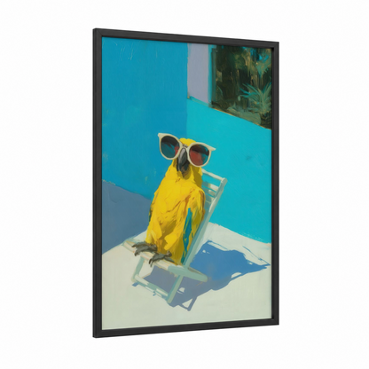 Sunny Parrot Vibes framed safari parrots print — black wood frame — turquoise and yellow gold palette