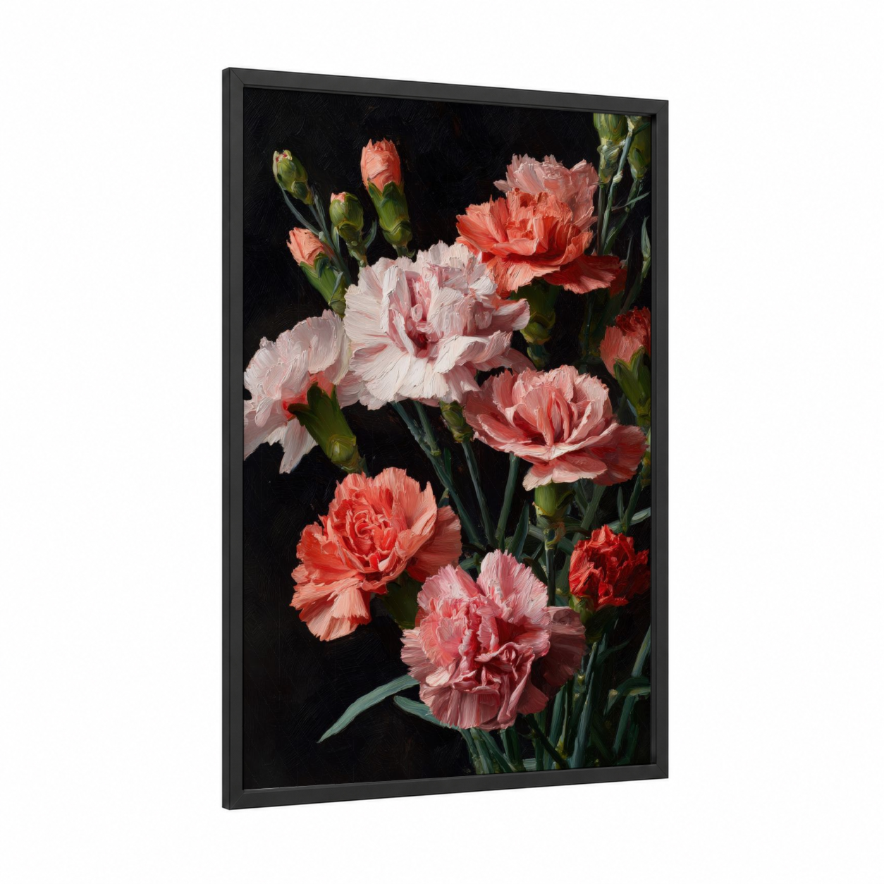 Coral Carnation Cluster framed carnations print — black wood frame — salmon pink and black palette