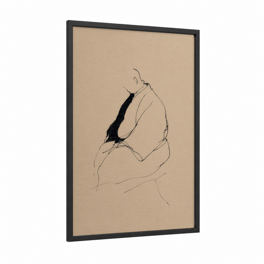 Contemplative Sumo framed art print — black wood frame — black and beige palette