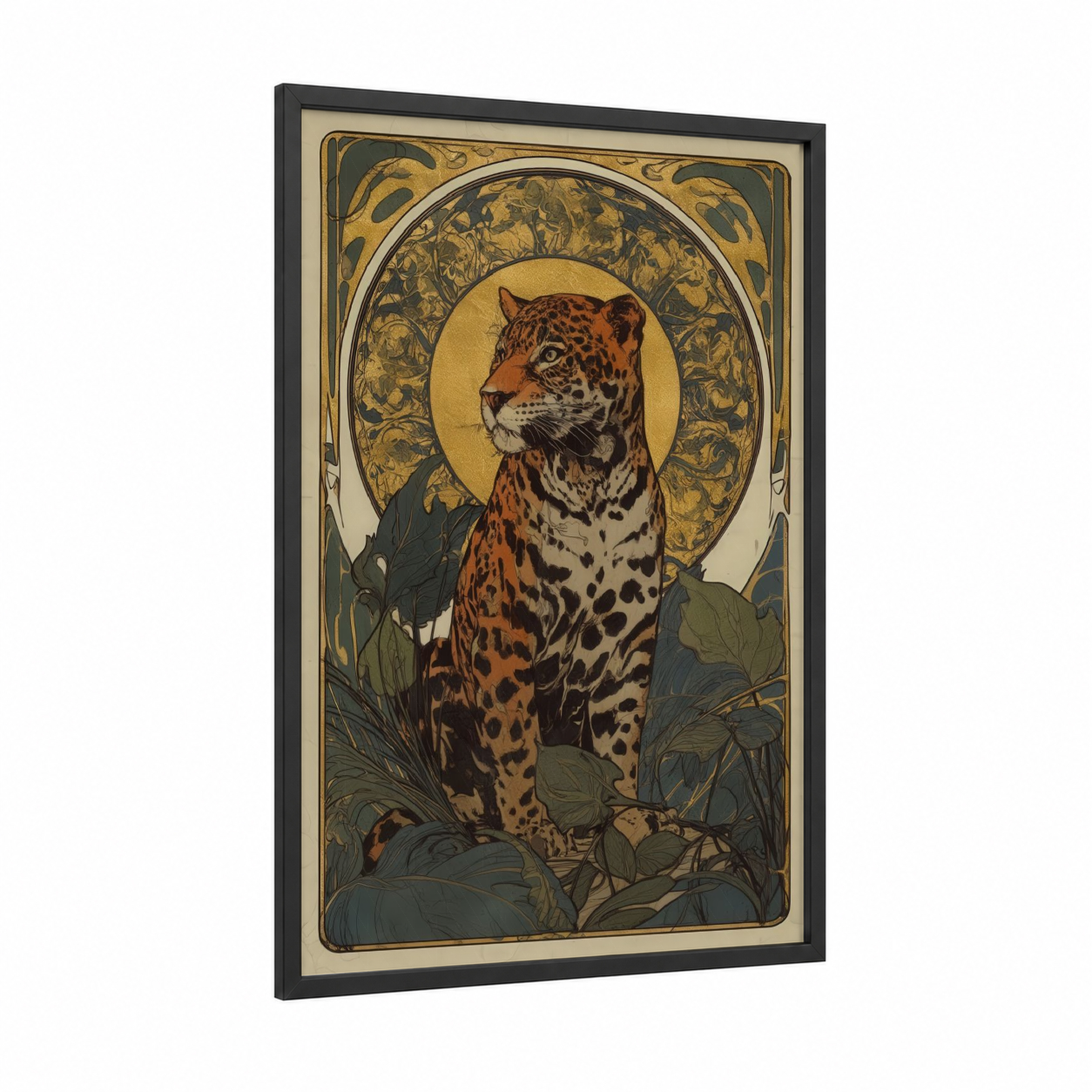 Sacred Jaguar framed art print — black wood frame — gold and russet palette