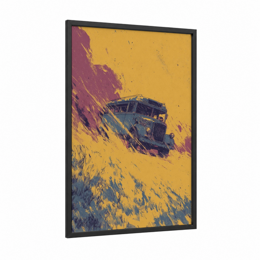 Desert Bus framed art print — black wood frame — yellow gold and maroon palette