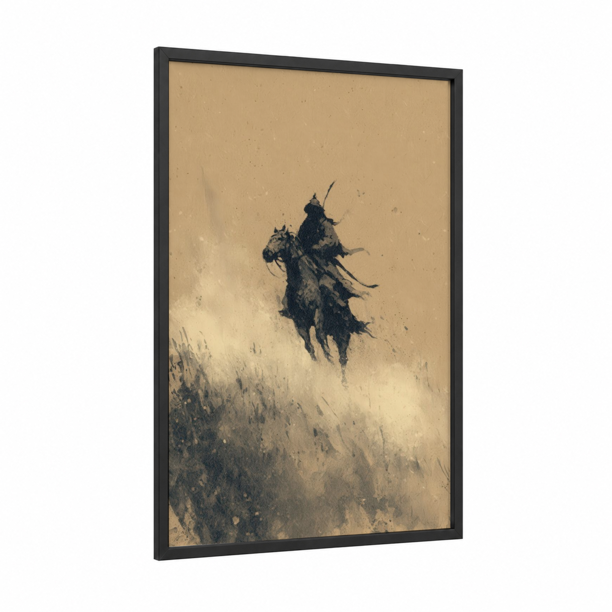 Desert Rider framed horseback print — black wood frame — beige and black and white palette
