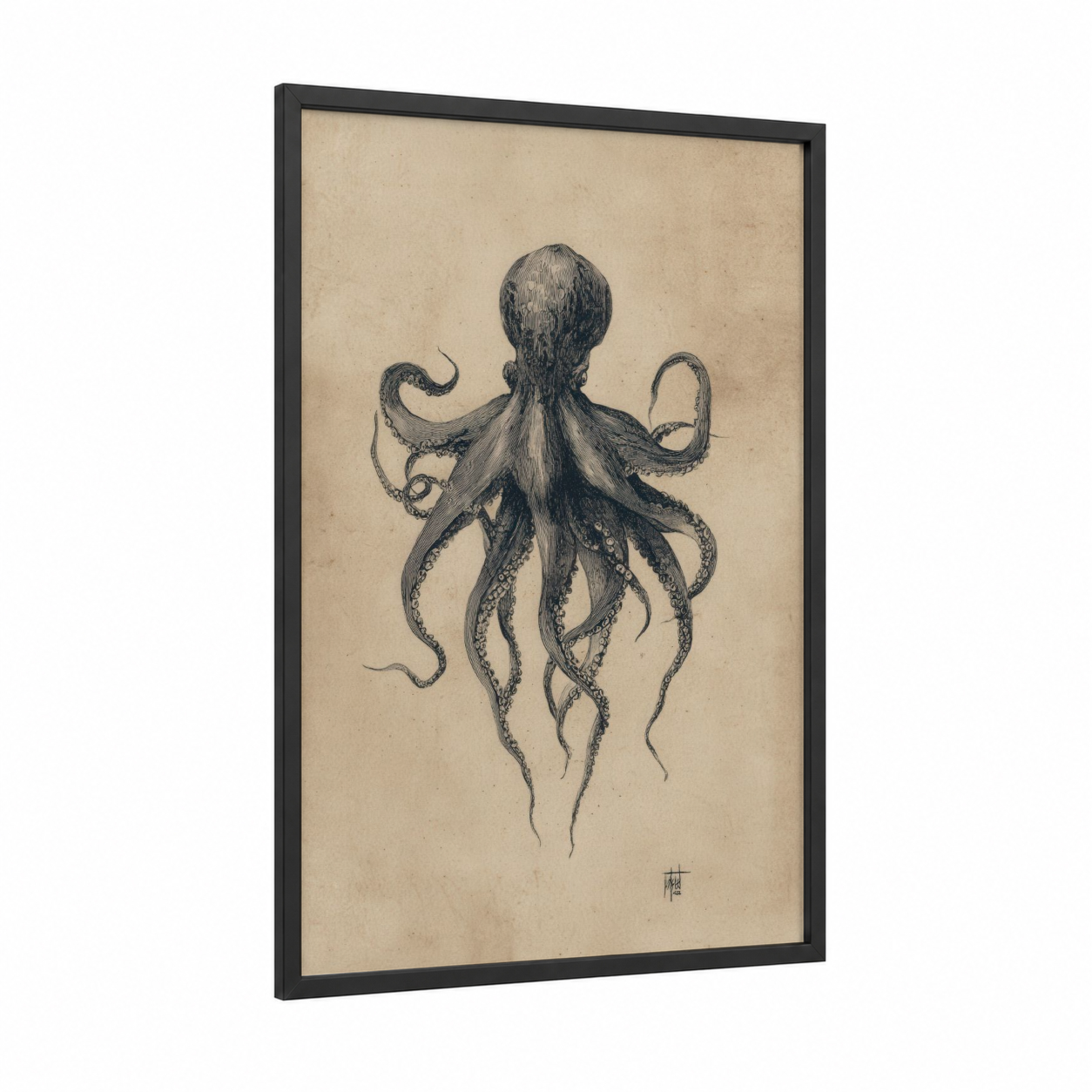 Vintage Octopus framed art print — black wood frame — black and white and beige palette