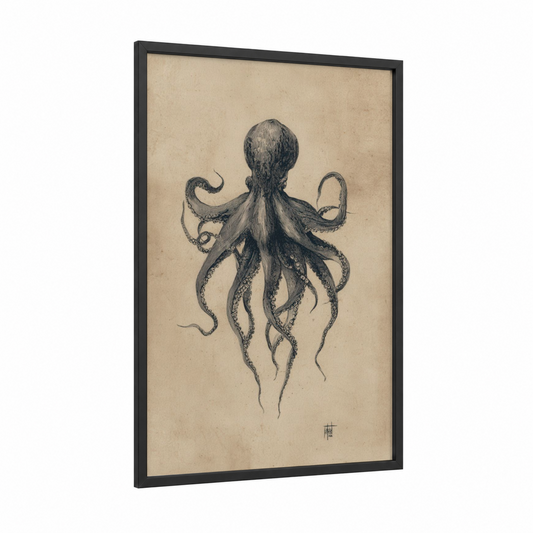 Vintage Octopus framed art print — black wood frame — black and white and beige palette