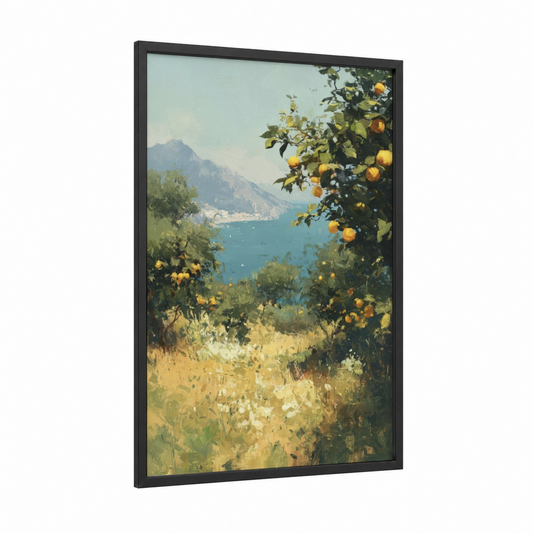 Lemon Grove Vista framed summer print — black wood frame — gold and blue palette