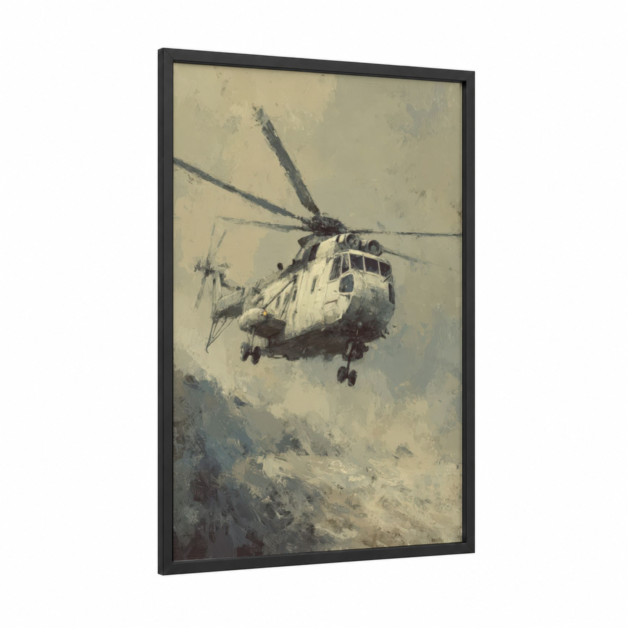 Mountain Helicopter framed art print — black wood frame — gray and beige palette