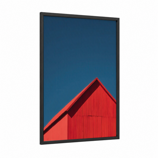 Crimson Barn framed art print — black wood frame — red and dark blue palette