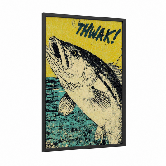 Thrashing Snook framed art print — black wood frame — yellow gold and teal palette